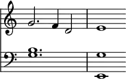 { \override Score.TimeSignature #'stencil = ##f \time 3/2 << \relative g' { g2. f4 d2 e1 } \new Staff { \clef bass \relative b { <b g>1. <g e,>1 } } >> }