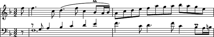 { \time 3/2 \key f \major \partial 8 << \relative f'' { f8 f4. c8 d4.\( f8 c4 bes8\prall a16 bes\) | a8 c d e f a g a bes a g e | }
\new Staff { \clef bass \key f \major \relative g { r8 | << { r g a4 bes c d e } \\ { f,1. } >> f'4. c8 d4. f8 c4 bes8\prall a16 b } } >> }