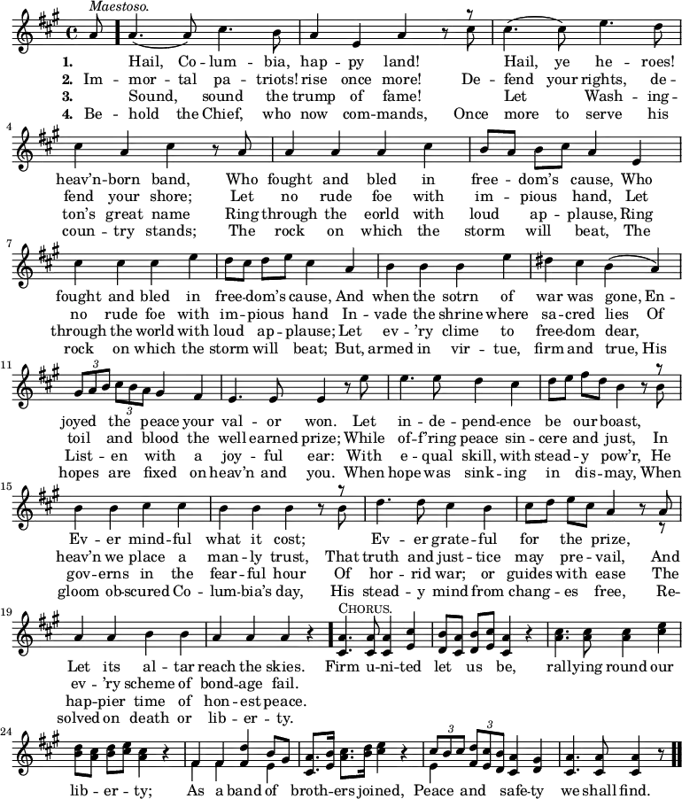 \relative c'' { << \new Voice = "a" { \time 4/4 \key a \major \partial 8 a8^\markup { \italic Maestoso. } \bar "." a4.(a8) cis4. b8 a4 e a r8 << { r } \\ { cis } >> cis4.(cis8) e4. d8 cis4 a cis r8 a a4 a a cis b8[a] b[cis] a4 e cis' cis cis e d8[cis] d[e] cis4 a b b b e dis cis b(a) \tuplet 3/2 4 { gis8 a b cis b a } gis4 fis e4. e8 e4 r8 e' e4. e8 d4 cis d8[e] fis[d] b4 r8 << { r } \\ { b } >> b4 b cis cis b b b r8 << { r } \\ { b } >> d4. d8 cis4 b cis8[d] e[cis] a4 r8 << { a } \\ { r } >> a4 a b b a a a r \bar "." <cis, a'>4.^\markup { \caps Chorus. } <cis a'>8 <cis a'>4 <e cis'> <d b'>8[<cis a'>] <d b'>[<e cis'>] <cis a'>4 r <a' cis>4. <a cis>8 <a cis>4 <cis e> <b d>8[<a cis>] <b d>[<cis e>] <a cis>4 r << { fis fis } \\ { fis fis } >> <fis d'> << { b8 gis } \\ { e4 } >> <cis a'>8. <e b'>16 <a cis>8. <b d>16 <cis e>4 r << { \tuplet 3/2 { cis8 b cis } } \\ { e,4 } >> \tuplet 3/2 { <fis d'>8 <e cis'> <d b'> } <cis a'>4 <d gis> <cis a'>4. <cis a'>8 <cis a'>4 r8 \bar ".." } \new Lyrics \lyricmode { \set associatedVoice = #"a" \set stanza = #"1. " \skip8 Hail,4. Co8 -- lum4. -- bia,8 hap4 -- py land! \skip8 \skip8 Hail,4. ye8 he4. -- roes!8 heav’n4 -- born band, \skip8 Who8 fought4 and bled in free -- dom’s cause, Who fought and bled in free -- dom’s cause, And when the sotrn of war was gone, En -- joyed the peace your val4. -- or8 won.4 \skip8 Let8 in4. -- de8 -- pend4 -- ence be our boast, \skip8 \skip8 Ev4 -- er mind -- ful what it cost; \skip8 \skip8 Ev4. -- er8 grate4 -- ful for the prize, \skip8 \skip8 Let4 its al -- tar reach the skies. \skip4 Firm4. u8 -- ni4 -- ted let us be, \skip4 rall4. -- ying8 round4 our lib -- er -- ty; \skip4 As a band of broth -- ers joined, \skip4 Peace and safe -- ty we4. shall8 find. \skip8 } \new Lyrics \lyricmode { \set associatedVoice = #"a" \set stanza = #"2. " Im8 -- mor4. -- tal8 pa4. -- triots!8 rise4 once more! \skip8 De8 -- fend4. your8 rights,4. de8 -- fend4 your shore; \skip8 Let8 no4 rude foe with im -- pious hand, Let no rude foe with im -- pious hand In -- vade the shrine where sa -- cred lies Of toil and blood the well4. earned8 prize;4 \skip8 While8 of4. -- f’ring8 peace4 sin -- cere and just, \skip8 In8 heav’n4 we place a man -- ly trust, \skip8 That8 truth4. and8 just4 -- tice may pre -- vail, \skip8 And8 ev4 -- ’ry scheme of bond -- age fail. } \new Lyrics \lyricmode { \set associatedVoice = #"a" \set stanza = #"3. " \skip8 Sound,2 sound4. the8 trump4 of fame! \skip8 \skip8 Let2 Wash4. -- ing8 -- ton’s4 great name \skip8 Ring8 through4 the eorld with loud ap -- plause, Ring through the world with loud ap -- plause; Let ev -- ’ry clime to free -- dom dear,2 List4 -- en with a joy4. -- ful8 ear:4 \skip8 With8 e4. -- qual8 skill,4 with stead -- y pow’r, \skip8 He8 gov4 -- erns in the fear -- ful hour \skip8 Of8 hor4. -- rid8 war;4 or guides with ease \skip8 The8 hap4 -- pier time of hon -- est peace. } \new Lyrics \lyricmode { \set associatedVoice = #"a" \set stanza = #"4. " Be8 -- hold4. the8 Chief,4. who8 now4 com -- mands, \skip8 Once8 more4. to8 serve4. his8 coun4 -- try stands; \skip8 The8 rock4 on which the storm will beat, The rock on which the storm will beat; But, armed in vir -- tue, firm and true, His hopes are fixed on heav’n4. and8 you.4 \skip8 When8 hope4. was8 sink4 -- ing in dis -- may, \skip8 When8 gloom4 ob -- scured Co -- lum -- bia’s day, \skip8 His8 stead4. -- y8 mind4 from chang -- es free, \skip8 Re8 -- solved4 on death or lib -- er -- ty. } >> }