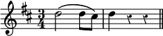 { \time 3/4 \key d \major \override Score.Rest #'style = #'classical \relative d'' { d2\( d8 cis\) | d4 r r \bar "||" } }