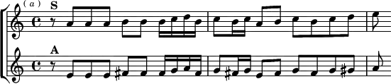 \new ChoirStaff <<
  \new Staff \relative a' { \key a \minor \time 4/4 \mark \markup \tiny { (\italic"a") }
    r8^\markup \bold "S" a a a b b b16 c d b |
    c8 b16 c a8 b c b c d | e }
  \new Staff \relative e' { \key a \minor
    r8^\markup \bold "A" e e e fis fis fis16 g a fis |
    g8 fis16 g e8 fis g fis g gis | a } >>