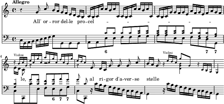 << \new Staff { \key c \major \time 4/4 \override Score.Rest #'style = #'classical \tempo "Allegro" << \new Voice = "Solo" \relative g' { \autoBeamOff \stemUp r4 g8 c b16[a] g[ f] e[ d] c[ b] | c[ b c c'] c[ b c c,] c[ b c c'] c[ b c c,] | c[ b c g'] g[ f g e] a[ f g e] f[ a g f] | \stemDown e[ d] c8 r4 r2 | r4 \stemUp e8 d16[ c] g'8 g g c | b16[ a] g8 }
\new Voice \relative b' { \stemUp \teeny s1 s s r16^"Violini" b c g e' c g' c, a' c, g' c, f c b g' | e d c8 s2. | s4 r16^"Violini" e d c g'8 g, r16 c,16 b a | g4 }
\new Voice \relative b' { \stemDown \teeny s1 s s s s s2 <b g d>4 } >> }
\new Lyrics \lyricsto "Solo" { All' or -- ror del -- le pro -- cel -- _ _ _ _ _ _ _ _ le, al ri -- gor d'a -- ver -- se stel -- le }
\new Staff { \clef bass \key c \major << \new Voice \relative c' { \tiny \stemUp s1 s4 c8 c c c <c e> q | q q q q c <c g> <c f,> <b g> | <c g>4 g'8 <g c,> <f c> <g c,> a g | g c, }
\new Voice \relative c { \stemDown c16 g a b c d e f g8 g, g g | a a e' e f f g g | a a e e f e d g, | c c, c'' e, f e d g | c, c, r16 c'' b a g f e d c c b a | g4 r16 c' b a g f e d c c b a | g4 } >> }
\figures { < _ >1 < _ >4 <6>2. < _ > <7>8 <7> < _ >2 < _ >8 <6> <7> <7> } >>