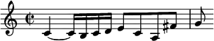 \relative c' { \key c \major \time 2/2 c4 ~ c16 b c d e8 c a fis' | g8 }