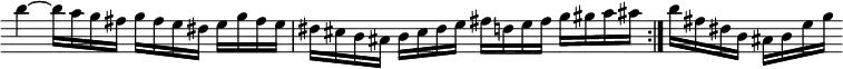 { \relative b'' { \override Score.BarNumber #'break-visibility = #'#(#f #f #f) \override Score.TimeSignature #'stencil = ##f \override Score.Clef #'stencil = ##f 
  \repeat volta 2 { b4 ~ b16 a g fis g fis e dis e g fis e |
  dis cis b ais b cis dis e fis d e fis g gis a ais }
  b fis dis b ais b e g } }