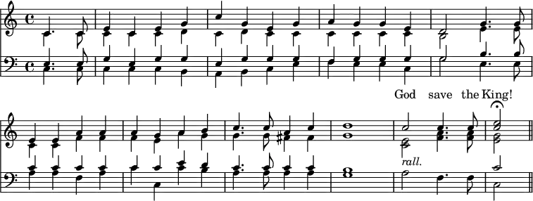 << \override Score.BarNumber #'break-visibility = #'#(#f #f #f) \new Staff = "upper" { \key c \major \time 4/4 \partial 2 << \new Voice = "Sop" \relative c' { 
  \stemUp c4. c8 | e4 c e g | c g e g | a g g e | d2 g4. g8 \break
  e4 e a a | a g a b | c4. c8 a4 c | d1 | c2 c4. c8 <c e>2\fermata \bar "||" }
\new Voice \relative c' { \stemDown
  c4. c8 | c4 c c d | c d c c | c c c c | b2 e4. e8 |
  c4 c f f | f e a g | g4. g8 fis4 fis | g1 | <e c>2_\markup { \italic rall. } <f a>4. q8 | <e g>2 } >> }
\new Lyrics \with { alignAboveContext = "upper" } { \lyricsto "Sop" { _ _ _ _ _ _ _ _ _ _ _ _ _ _ _ _ _ _ _ _ _ _ _ _ _ _ _ _ _ _ God save the King! } }
\new Staff << \clef bass \key c \major \new Voice \relative e { \stemUp e4. e8 | g4 e g g | e g g g | f g g g | g2 b4. b8
  c4 c c c | c c e d | c4. c8 c4 c | b1 | s | c2 }
\new Voice \relative c { \stemDown
  c4. c8 | c4 c c b | a b c e | f e e c | g'2 e4. e8 |
  a4 a f a | c c, c' b | a4. a8 a4 a | g1 | a2 f4. f8 c2 } >>
>>