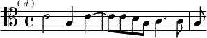  \relative c' { \clef tenor \key c \major \time 4/4 \mark \markup \tiny { ( \italic d ) }
  c2 g4 c ~ | c8 c b g a4. a8 | g }