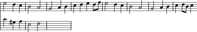 { << \new Staff \relative e'' { \override Score.BarNumber #'break-visibility = #'#(#f #f #f) \override Score.TimeSignature #'stencil = ##f \override Score.Clef #'stencil = ##f
  e2 d4 c | b2 a | g a4 b | c d e d8 f | e2 d4 c %end line 1
  b2 a | g a4 b | c d8 b c4 }
\new Staff \relative c' { \clef bass c2 gis4 a | e2 f | s1 | } >> }