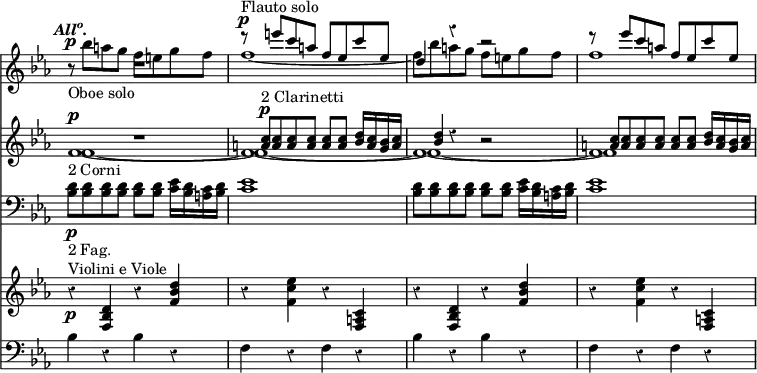 << \new Staff { \override Score.Rest #'style = #'classical \override Score.TimeSignature #'stencil = ##f \time 4/4 \key c \minor \tempo \markup { \italic { \concat { All \super o . } } } << \new Voice \relative e''' { \stemUp R1 r8^"Flauto solo"^\p e c a f ees c' ees, | d4 r r2 | r8 ees'8 c a f ees c' ees, }
\new Voice \relative b'' { \stemDown r8_"Oboe solo"^\p bes a g f e g f | f1 _~ | f8 bes a g f e g f | f1 ~ } >> }
\new Staff { \key c \minor << \new Voice \relative f' { f1_"2 Corni"^\p ~ f ~ f ~ f }
\new Voice \relative f' { f1 ~ f ~ f ~ f }
\new Voice \relative a' { \stemUp R1 <a c>8^"2 Clarinetti"^\p q q q q q <bes d>16 <a c> <bes g> <a c> | <bes d>4 r r2 | <a c>8 q q q q q <bes d>16 <a c> <bes g> <a c> } >> }
\new Staff { \clef bass \key c \minor \relative b { <bes d>8\p_"2 Fag." q q q q q <c ees>16 <bes d> <c a> <bes d> | <c ees>1 | <bes d>8 q q q q q <c ees>16 <bes d> <c a> <bes d> | <c ees>1 } } 
\new Staff { \key c \minor \relative d' { r4\p^"Violini e Viole" <d bes f> r <f bes d> | r <f c' ees> r <c a f> | r <d bes f> r <f bes d> | r <f c' ees> r <c a f> } }
\new Staff { \clef bass \key c \minor \repeat unfold 2 { bes4 r bes r | f r f r } } >>