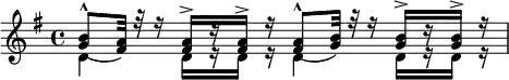 { \key g \major \time 4/4 \relative b' << { <b g>8^^_( <a fis>32) r r16 q16[^> r q^>] r q8^^_( <g b>32) r r16 q[^> r q]^> r } \\ { d4 d16[ r d] r d4 d16[ r d] r } >> }