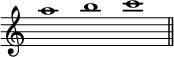 { \override Score.TimeSignature #'stencil = ##f \time 3/1 a''1 b'' c''' \bar "||" }