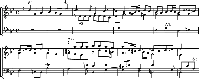 \new ChoirStaff << \override Score.BarNumber #'break-visibility = #'#(#f #f #f) \override Score.Rest #'style = #'classical
  \new Staff = "Upper" \relative a'' { \key g \minor \time 4/4
    << { s1 s s s s s r8^"A2." a a a bes bes a g |
         a d,16 cis d4 ~ d8 cis d e | f4. } \\
       { s1 s r8 d,_"S2." d d ees ees d c |
         d \change Staff = "Lower" \stemUp g, \change Staff = "Upper" \stemDown g'4 ~ g fis | g2 f4 g | a a a g | a8 g f \change Staff = "Lower" \stemUp e d4 e | cis8 e a,4 e'4. g,8 | a[ d a]^"&c." } \\
       { r4 d'^"S1." g, a | bes a8 g ees'2\trill | d4. d8 g,4 c ~ |
         c bes a8 bes16 c d8 c | bes a bes c16 bes a8 d ~ d cis |
         d e16 d e8 f d2 | cis \stemDown b8\rest d cis b |
         a4. bes16 a g2 | f4. } >> }
  \new Staff = "Lower" \relative g { \clef bass \key g \minor
     R1 R s s | r4 \stemDown g^"A1." d e | f e8 d bes'2\trill |
     a4. a8 d,4 g ~ | g f e2 d4. } >>