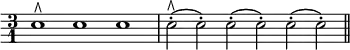 { \time 3/1 \override Score.Clef #'stencil = ##f \clef bass
 e1^\rtoe e e | e2-.(^\rtoe e-.) e-.( e-.) e-.( e-.) \bar "||" }