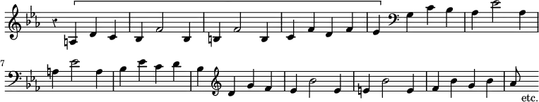 { \override Score.TimeSignature #'stencil = ##f \override Score.Rest #'style = #'classical
\time 4/4 \key ees \major \relative a {
  r4 \[ a d c | bes f'2 bes,4 | b f'2 b,4 | c f d f |
  ees \] \clef bass g, c bes | %end line 1
  aes ees'2 aes,4 | a ees'2 a,4 | bes ees c d |
  bes \clef treble d g f | ees bes'2 ees,4 | %end line 2
  e bes'2 e,4 | f bes g bes | aes8 s_"etc." } }