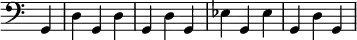 { \override Score.TimeSignature #'stencil = ##f \time 3/4 \clef bass \partial 4 g,4 d g, d g, d g, ees g, ees g, d g, }