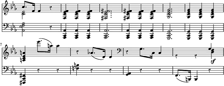 { \override Score.TimeSignature #'stencil = ##f \override Score.Rest #'style = #'classical << \new Staff { \time 3/4 \key ees \major \relative c'' { << { c8. f,16 f4 } \\ { <ees c>2 } >> r4 | <f ees c f,>4 q q | <fis ees c fis,>2. | q4 q q | <g ees c g>2. | q4 q q | <a ees c a>4 ees''8.( a,16) a4 | r aes,!8.( d,16) d4 | \clef bass r g,8. c,16 c4 | << { s2 g'4 } \\ { r4 r <d f>\sf } >> } }
\new Staff { \clef bass \key ees \major \relative a, { <aes ees' f aes>2 r4 | <aes c, aes>4 q q | q2. | q4 q q | <g c, g>2. | q4 q q | <fis c fis,> r r | <f'! b> r r | <g, aes> r r | f8.( b,16) b4 r } } >> }