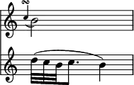 { \override Score.TimeSignature #'stencil = ##f \time 2/4 << \relative b' { \appoggiatura c4\turn b2 | }
\new Staff { \relative d'' { d32*2/3( c b c8. b4) } } >> }