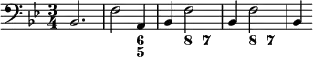 <<
\relative b, { \clef bass \key bes \major \time 3/4 bes2. | f'2 a,4 | bes f'2 | bes,4 f'2 | bes,4 }
\new FiguredBass { \figuremode { s2. s2 <6 5>4 s <8> <7> s <8> <7> } } >>