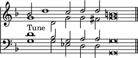 << \time 10/2 \override Score.TimeSignature #'stencil = ##f \new Staff << \key f \major \new Voice { \voiceOne \relative b' { bes2 d1 c2 d d b\breve \bar "||" } }
\new Voice { \voiceTwo \relative g' { g1 d2 g g fis g\breve } } >>
\new Staff << \clef bass \key f \major \new Voice { \voiceOne d'1^"Tune" bes2 g a a g\breve }
\new Voice { \voiceTwo g1 g2 ees d d g,\breve } >> >>