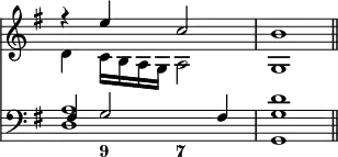 { \override Score.TimeSignature #'stencil = ##f \key g \major \time 4/4 << \relative e'' << { r4 e c2 b1 \bar "||" } \\ { d,4 c16 b a g a2 g1 } >>
\new Staff { \clef bass \key g \major \relative f << { fis4 g2 fis4 <d' g,>1 } \\ { <a d,>1 g, } >> } \figures { < _ >4 < 9 >4 < 7 >4 } >> }