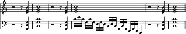 << \override Score.TimeSignature #'stencil = ##f \override Score.Rest #'style = #'classical \new Staff { \relative b' { \repeat unfold 3 { r2 r4 <b f d> | <c g e>1 } } }
\new Staff { \clef bass \relative g { r2 r4 <g d g,>4 | <c g c,>1 | r2 r4 <g d g,> | c32*4/3[ e c] g[ c g] e[ g e] c[ e c] g[ c g] e[ g e] c4 | r2 r4 <g' d' g> | <c g' c>1 \bar "||" } } >>