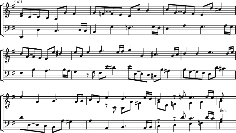 \new ChoirStaff << \override Score.BarNumber #'break-visibility = #'#(#f #f #f) \override Score.TimeSignature #'stencil = ##f \override Score.Rest #'style = #'classical
  \new Staff \relative f' { \key g \major \time 4/4 \mark \markup \tiny { (\italic"d") } <<
    { fis8 c ~ c b a g' fis4 | g8 f ~ f e d c' b4 |
      c8 g ~ g fis e d' cis4 | d8 a ~ a g fis e' dis4 |
      e8 b e4 fis4. e16 fis | g4 b, cis4. b16 cis | d4 d e4. d16 e |
      fis4 a, b4. a16 b | c8 a e'4 d4. e16 d |
      c4 r8 f e4. f16 e | d8 } \\
    { d,4 s2. s1 s s | s s s | s s4 r8 c b a' gis4 |
      a8 e f4 g a | b_"&c." } >> }
  \new Staff \relative d, { \clef bass \key g \major
    d4 d' c4. d16 c | b4 g' f4. g16 f |
    e4 a g4. a16 g | fis4 b a4. b16 a |
    g4 r8 g fis e' dis4 | e8 e, ~ e d cis b' ais4 |
    b8 g ~ g fis e d' cis4 | d8 d, ~ d c b a' gis4 |
    a4 a, b4. a16 b | << { r4 r8 d' c4. d16 c | b4 } \\
                         { c, d e f | g } >> } >>