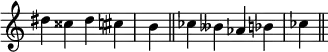 { \override Score.TimeSignature #'stencil = ##f \time 4/4 \relative c'' { dis4 cisis dis cis | \time 1/4 b \bar "||" \time 4/4 ces beses aes bes | \time 1/4 ces \bar "||" s8 } }