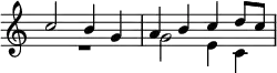 \relative c'' { \key c \major \time 2/2 \override Score.TimeSignature #'stencil = ##f << { c2 b4 g | a b c d8 c } \\ { R1 g2 e4 c } >> }