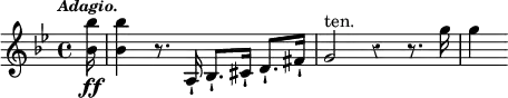 { \time 4/4 \key bes \major \override Score.Rest #'style = #'classical \tempo \markup { \smaller \italic Adagio.} \partial 16 \relative b' { <bes bes'>16\ff <bes bes'>4 r8. a,16-! bes8.-! cis16-! d8.-! fis16-! g2^"ten." r4 r8. g'16 g4 } }