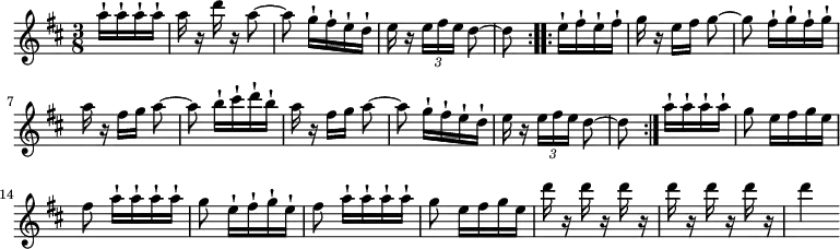 { \time 3/8 \key d \major \partial 4 \relative a'' { \repeat volta 2 { a16-! a-! a-! a-! | a r d r a8 ~ | a g16-![ fis-! e-! d-!] | e r \times 2/3 { e[ fis e] } d8 ~ | d } \repeat volta 2 { e16-! fis-! e-! fis-! | g r e[ fis] g8 ~ | g fis16-![ g-! fis-! g-!] | a r fis[ g] a8 ~ | a b16-![ cis-! d-! b-!] | a r fis[ g] a8 ~ | a g16-![ fis-! e-! d-!] | e r \times 2/3 { e[ fis e] } d8 ~ | d } a'16-! a-! a-! a-! | g8 e16[ fis g e] | fis8 a16-![ a-! a-! a-!] | g8 e16-![ fis-! g-! e-!] | fis8 a16-![ a-! a-! a-!] | g8 e16[ fis g e] | d' r d r d r | d r d r d r | d4 } }