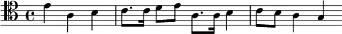 
\relative e' { \clef tenor \key c \major \partial 2. e4 a, b | c8. c16 d8 e a,8. a16 b4 | c8 b a4 g }