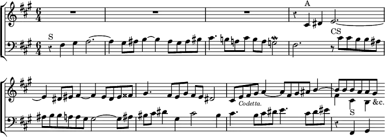 \new ChoirStaff << \override Score.Rest #'style = #'classical \override Score.BarNumber #'break-visibility = #'#(#f #f #f)
  \new Staff \relative c' { \key fis \minor \time 6/4 R1.*3
    r4 cis^"A" dis e2. ~ | e4 dis8 eis fis4 ~ fis eis8 dis eis fisis |
    gis4. fis8 e gis fis e dis2 |
    cis8 e_\markup \tiny \italic "Codetta." fis gis a4 ~
      a8 fis gis ais << { b4 ~ b8 b b a a gis_"&c." } \\
                        { s4 fis cis b } >> }
  \new Staff \relative f { \clef bass \key fis \minor
    r4^"S" fis gis a2. ~ | a4 gis8 ais b4 ~ b ais8 gis ais bis |
    cis4. b!8 a! cis b a g2\mordent |
    fis2. r8^"CS" cis' cis b b ais |
    ais b b a a gis gis2 ~ gis8 ais | bis cis dis4 gis, cis2 bis4 |
    cis4. b8 cis dis e4. cis8 dis eis | r4 fis,,^"S" gis } >>