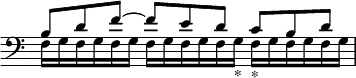 { \override Score.TimeSignature #'stencil = ##f \time 9/8 \clef bass \relative b << { b8 d f ~ f e d c b d } \\ { f,16 g f g f g  f g f g f g_"*"  f_"*" g f g f g } >> }