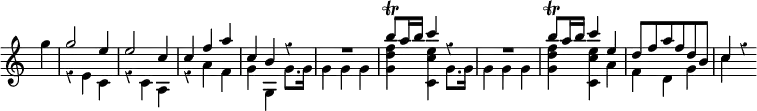 \relative g'' { \time 3/4 \override Score.TimeSignature #'stencil = ##f \override Score.BarNumber #'break-visibility = #'#(#f #f #f) \override Score.Rest #'style = #'classical \partial 4
  << { s4 | g2 e4 | e2 c4 | c f a | c, b r | R2. |
       b'8\trill a16 b c4 r | R2. |
       b8\trill a16 b c4 e, | d8 f a f d b | c4 r } \\
     { g' r e, c | r c a | r a' f | g g, g'8. g16 | g4 g g |
       <g d' f> <c, c' e> g'8. g16 | g4 g g |
       <g d' f> <c, c' e> a' | f d g | c } >> }