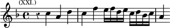 \relative c'' { \key f \major \time 4/4 \override Score.Rest #'style = #'classical \mark \markup \tiny { (XXI.) } r4 c a d | c f e16 f d e c d bes c | a4 } 