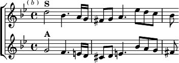  \new ChoirStaff <<
  \new Staff \relative d'' { \key g \minor \time 4/4 \mark \markup \tiny { ( \italic b ) }
    d2^\markup \bold "S" bes4. a16 g | fis8 g a4. ees'8 d c | bes }
  \new Staff \relative g' { \key g \minor
    g2^\markup \bold "A" f4. e16 d | cis8 d e4. bes'8 a g | fis } >>