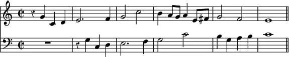 { \time 2/2 \override Score.Rest #'style = #'classical << \relative g' { r4 g c, d e2. f4 g2 c b4 a8 g a4 e8 fis g2 f e1 \bar "||" } \new Staff { \clef bass R1 r4 g c d e2. f4 g2 c'2 b4 g a b c'1 } >> }