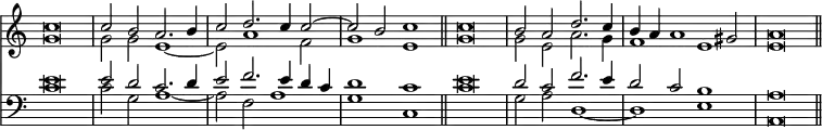 << \new Staff { \override Score.TimeSignature #'stencil = ##f \time 4/2 <<
\new Voice { \relative c'' { \stemUp c\breve | c2 b a2. b4 | c2 d2. c4 c2 ^~ | c b c1 \bar "||" c\breve | b2 a d2. c4 | b a a1 gis2 | a\breve \bar "||" } }
\new Voice { \relative g' { \stemDown g\breve | g2 g e1 _~ | e2 a1 f2 | g1 e | g\breve | g2 e a2. g4 | f1 e | e\breve } } >> }
\new Staff { \clef bass <<
\new Voice { \relative e' { \stemUp e\breve | e2 d c2. d4 | e2 f2. e4 d c | d1 c | e\breve | d2 c f2. e4 | d2 c b1 | a\breve } }
\new Voice { \stemDown c'\breve | c'2 g a1 _~ | a2 f a1 | g c | c'\breve | g2 a d1 _~ | d e | a,\breve } >> } >>