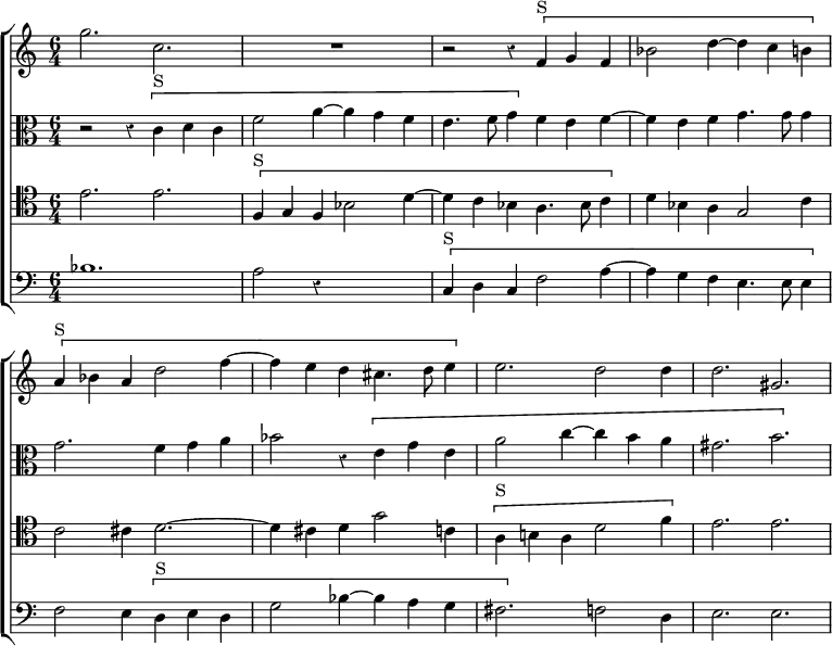 \new ChoirStaff << \override Score.BarNumber #'break-visibility = #'#(#f #f #f) \override Score.Rest #'style = #'classical
  \new Staff \relative g'' { \time 6/4 \key c \major
    g2. c, | R1. | r2 r4 \[ f,4^"S" g f | bes2 d4 ~ d c b \] |
    \[ a^"S" bes a d2 f4 ~ f e d cis4. d8 e4 \] |
    e2. d2 d4 | d2. gis, }
  \new Staff \relative c' { \clef alto \key c \major
    r2 r4 \[ c^"S" d c | f2 a4 ~ a g f | e4. f8 g4 \] f e f ~ |
    f e f g4. g8 g4 | g2. f4 g a | bes2 r4 \[ e,4 g e |
    a2 c4 ~ c b a | gis2. b }
  \new Staff \relative e' { \clef tenor \key c \major
    e2. e | \[ f,4^"S" g f bes2 d4 ~ | d c bes a4. bes8 c4 \] |
    d4 bes a g2 c4 | c2 cis4 d2. ~ d4 cis d g2 c,4 |
    \[ a^"S" b! a d2 f4 \] | e2. e }
  \new Staff \relative b { \clef bass \key c \major
    bes1. | a2 r4*4/1 \[ c,4^"S" d c f2 a4 ~ | a g f e4. e8 e4 \] |
    f2 e4 \[ d^"S" e d | g2 bes4 ~ bes a g |
    fis2. \] f2 d4 | e2. e } >>