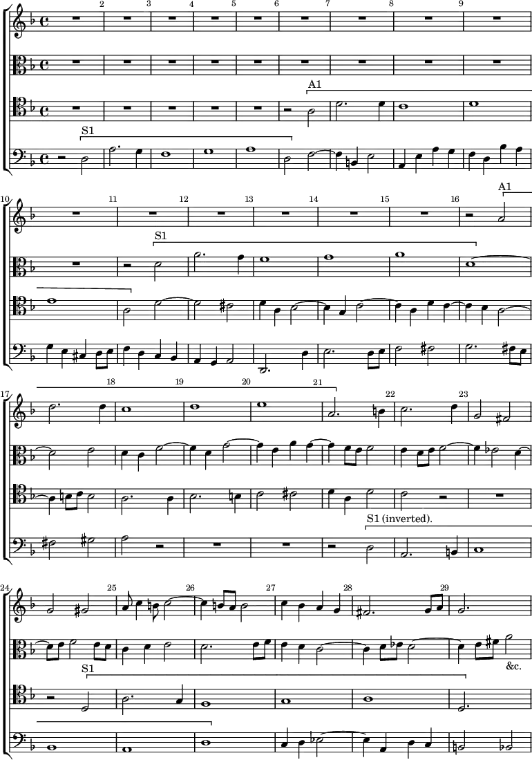 \new ChoirStaff << \override Score.Rest #'style = #'classical \override Score.BarNumber.break-visibility = ##(#f #t #t) \set Score.barNumberVisibility = #all-bar-numbers-visible
  \new Staff \relative a' { \key d \minor \time 4/4
    R1*15 r2 \[ a^"A1" d2. d4 | c1 | d |
    e | a,2. \] b4 c2. d4 | g,2 fis g gis |
    a8 c4 b8 c2 ~ | c4 b8 a b2 | c4 bes a g | fis2. g8 a | g2. s4 }
  \new Staff \relative d' { \clef alto \key d \minor
    R1*10 r2 \[ d^"S1" a'2. g4 | f1 g |
    a d, ~ \] d2 e ~ | d4 c f2 ~ | f4 d g2 ~ |
    g4 e a g ~ | g f8 e f2 | e4 d8 e f2 ~ | f4 ees2 d4 ~ | d8 e f2 e8 d
    c4 d e2 | d2. e8 f | e4 d c2 ~ | c4 d8 ees d2 ~ | d4 e8 fis a2_"&c." }
  \new Staff \relative a { \clef tenor \key d \minor
    R1*5 r2 \[ a^"A1" | d2. d4 | c1
    d e a,2 \] d ~ | d cis | d4 a bes2 ~ | bes4 g c2 ~ |
    c4 a d c ~ | c bes a2 ~ | a4 b8 c b2 | a2.  a4 | bes2. b4 |
    c2 cis | d4 a d2 | c r R1 r2 \[ d,^"S1"
    a'2. g4 | f1 | g a | d,2. \] s4 }
  \new Staff \relative d { \clef bass \key d \minor
    r2 \[ d^"S1" a'2. g4 | f1 g a d,2 \] f ~ | f4 b, e2 | a,4 e' a g |
    f d bes' a | g e cis d8 e | f4 d c bes | a g a2 | d,2. d'4 | e2. d8 e |
    f2 fis | g2. fis8 e | fis2 gis a r R1
    R1 r2 \[ d,^"S1 (inverted)." a2. b4 | c1 bes
    a d \] c4 d ees2 ~ | ees4 a, d c | b2 bes } >>