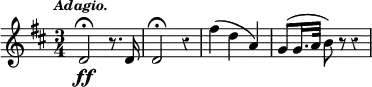 { \time 3/4 \override Score.Rest #'style = #'classical \key d \major \tempo \markup { \smaller \italic Adagio. } \relative d' { d2\fermata\ff r8. d16 d2\fermata r4 fis'4( d a) | g8( g16. a32 b8) r8 r4 } }