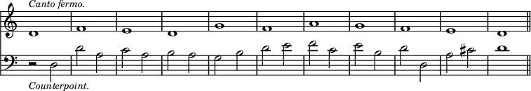 { \override Score.TimeSignature #'stencil = ##f \time 4/4 << \relative d' { d1^\markup { \smaller \italic "Canto fermo." } f e d g f a g f e d \bar "||" }
\new Staff { \clef bass \relative d { r2-\markup { \smaller \italic Counterpoint. } d d' a c a b a g b d e f c e b d d, a' cis d1 } } >> }