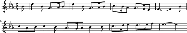 { \time 6/8 \key ees \major \partial 8 \relative b' { bes8 | ees4 bes8 g8. aes16 bes8 | ees4 bes8 g8. aes16 bes8 c8. bes16 aes8 g8. f16 ees8 | f4. ~ f4 bes8 | c aes bes c4 bes8 | aes8. g16 aes8 bes4 bes8 | c8. d16 ees8 d8. ees16 f8 | ees4. ~ ees4 } }