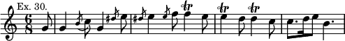 { \relative g' { \time 6/8 \partial 8 \mark \markup \small "Ex. 30."
 g8 | g4 \acciaccatura b8 c g4 \slashedGrace dis'8 e |
 \slashedGrace dis e4 \slashedGrace e8 f f4\trill e8 |
 e4\trill d8 d4\trill c8 | c8. d16 e8 b4. } }