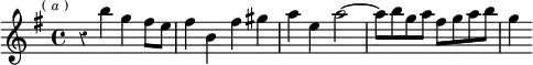 
\relative b'' { \key e \minor \time 4/4 \override Score.Rest #'style = #'classical \mark \markup \tiny { ( \italic a ) } r4 b g fis8 e | fis4 b, fis' gis | a e a2 ~ | a8 b g a fis g a b | g4 }