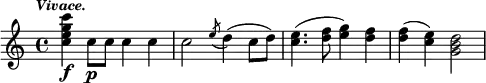 { \time 4/4 \tempo \markup { \smaller \italic Vivace. } \relative c'' { <c e g c>4\f c8\p c c4 c c2 \acciaccatura e8 d4( c8 d) <e c>4.( <f d>8 <g e>4) <f d> <f d>( <e c>) <d b g>2 } }