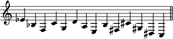 { \relative e' { \override Score.TimeSignature #'stencil = ##f \time 5/4
 ees4 bes f c' g \bar ""
 d' a e b' fis \bar ""
 cis' gis dis c \bar "||" } }