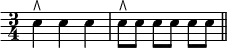 { \time 3/4 \override Score.Clef #'stencil = ##f \clef bass
 e4^\rtoe e e | e8^\rtoe e e[ e] e e \bar "||" }