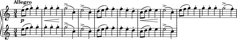 
\relative c'' {
  \new GrandStaff <<
    \new Staff {
     \time 3/4
 \tempo "Allegro"
     e8\p (f g4-.) g-. g-.\< g-. g-.\! g2-> (c,4-.) e2-> (c4-.) d8 (e f4-.) f-. f-. e-. d-. c8\< (d e4-.) e\! e2-> (c4-.) e8 (f g4-.) g-. g-. g-. g-. g2-> (f4-.) 
    }
    \new Staff {
      e8 (f g4-.) g-. g-. g-. g-. g2-> (c,4-.) e2-> (c4-.) d8 (e f4-.) f-. f-. e-. d-. c8 (d e4-.) e e2-> (c4-.)
    }
  >>
}
