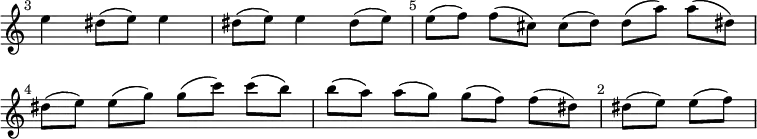 \relative e'' { \time 3/4 \override Score.TimeSignature #'stencil = ##f \mark \markup \small "3" \override Score.BarNumber #'break-visibility = #'#(#f #f #f)
  e4 dis8( e) e4 | dis8( e) e4 dis8( e) | \time 5/4 \mark \markup \small "5"
  e[( f)] f[( cis)] cis[( d)] d[( a')] a[( dis,)] | \break \time 4/4 \mark \markup \small "4"
  dis[( e)] e[( g]) g[( c]) c[( b)] | b[( a)] a[( g)] g[( f)] f[( dis)] \time 2/4 \mark \markup \small "2" dis[( e)] e[( f)] }