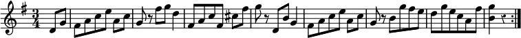 { \override Score.Rest #'style = #'classical \time 3/4 \key g \major \partial 4 \relative d' { \repeat volta 2 { d8 g | fis[ a c e] a, c | g r fis' g d4 | fis,8[ a c fis,] cis' fis | g r d, b' g4 | fis8[ a c e] a, c | g r b g' fis e | d g e c a fis' | <g b,>4 r } } }